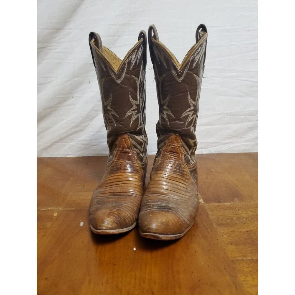 Biltrite Cowboy Western Boots Tan Brown Leather Almond Toe Pull On Mid-calf Sz 6